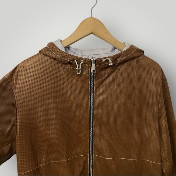 Suprema Laboratorio Creativo Medium Brown Perforated Leather Hooded Jacket Sz M - Picture 2 of 14